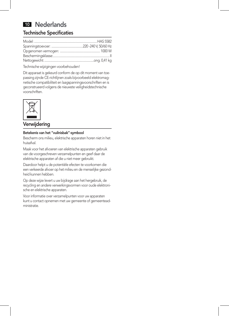 Nederlands | AEG HAS 5582 User Manual | Page 10 / 44