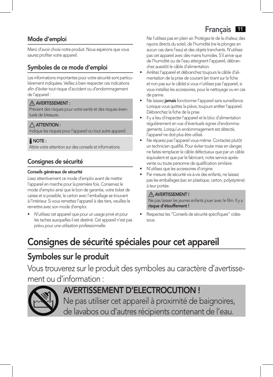 Consignes de sécurité spéciales pour cet appareil, Français, Mode d’emploi | Symboles de ce mode d’emploi, Consignes de sécurité | AEG HAS 5582 User Manual | Page 11 / 44