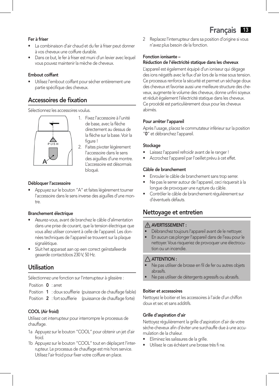 Français, Accessoires de fixation, Utilisation | Nettoyage et entretien | AEG HAS 5582 User Manual | Page 13 / 44