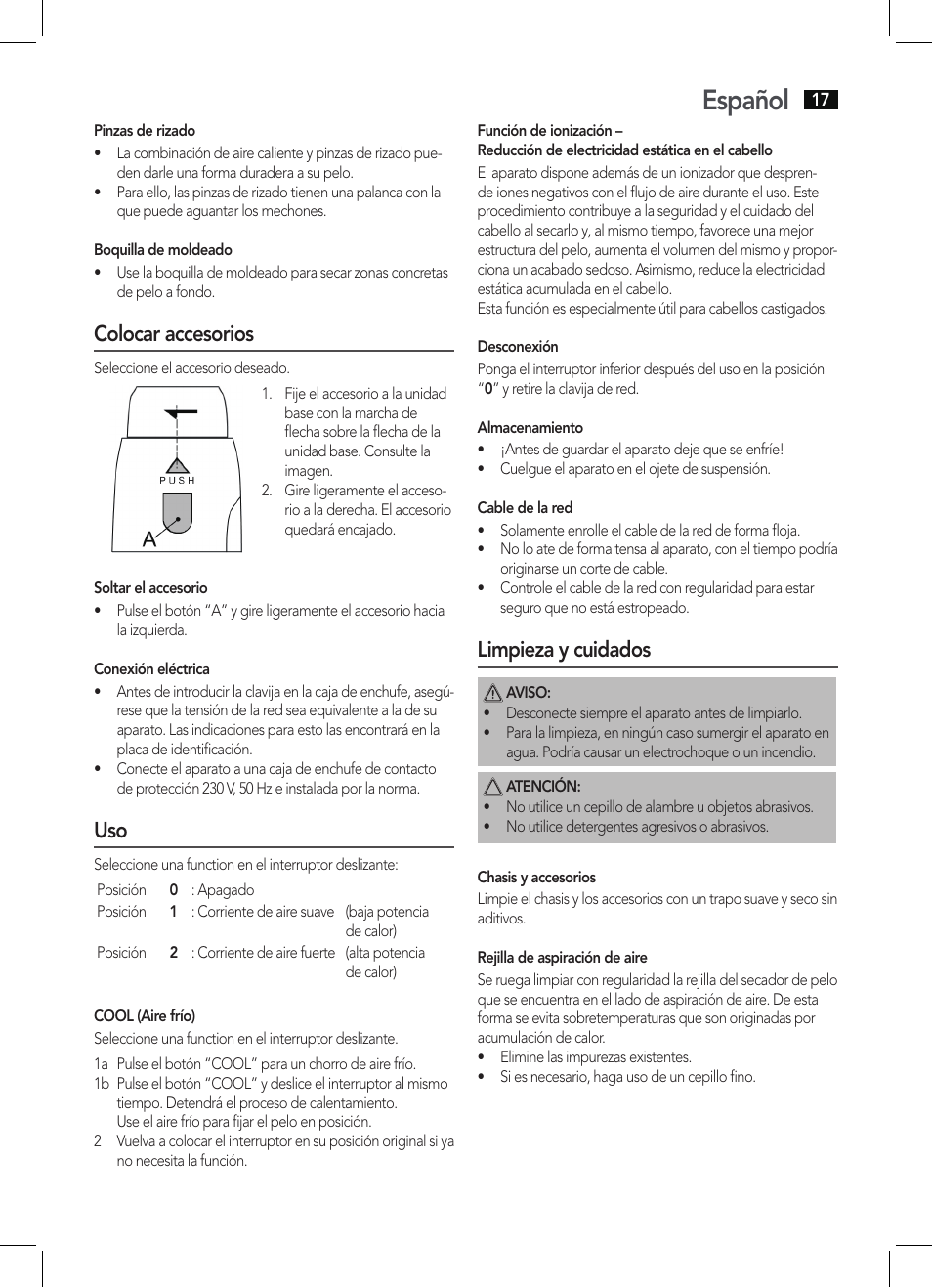 Español, Colocar accesorios, Limpieza y cuidados | AEG HAS 5582 User Manual | Page 17 / 44