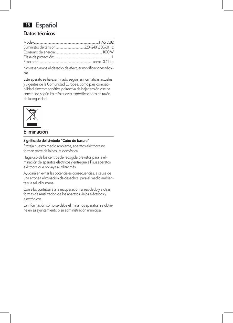 Español | AEG HAS 5582 User Manual | Page 18 / 44