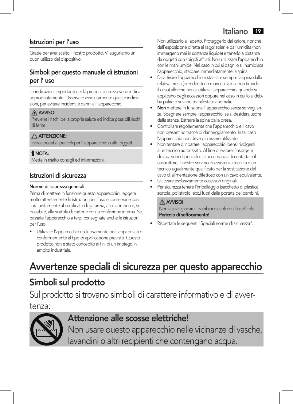 Italiano, Istruzioni per l’uso, Istruzioni di sicurezza | AEG HAS 5582 User Manual | Page 19 / 44