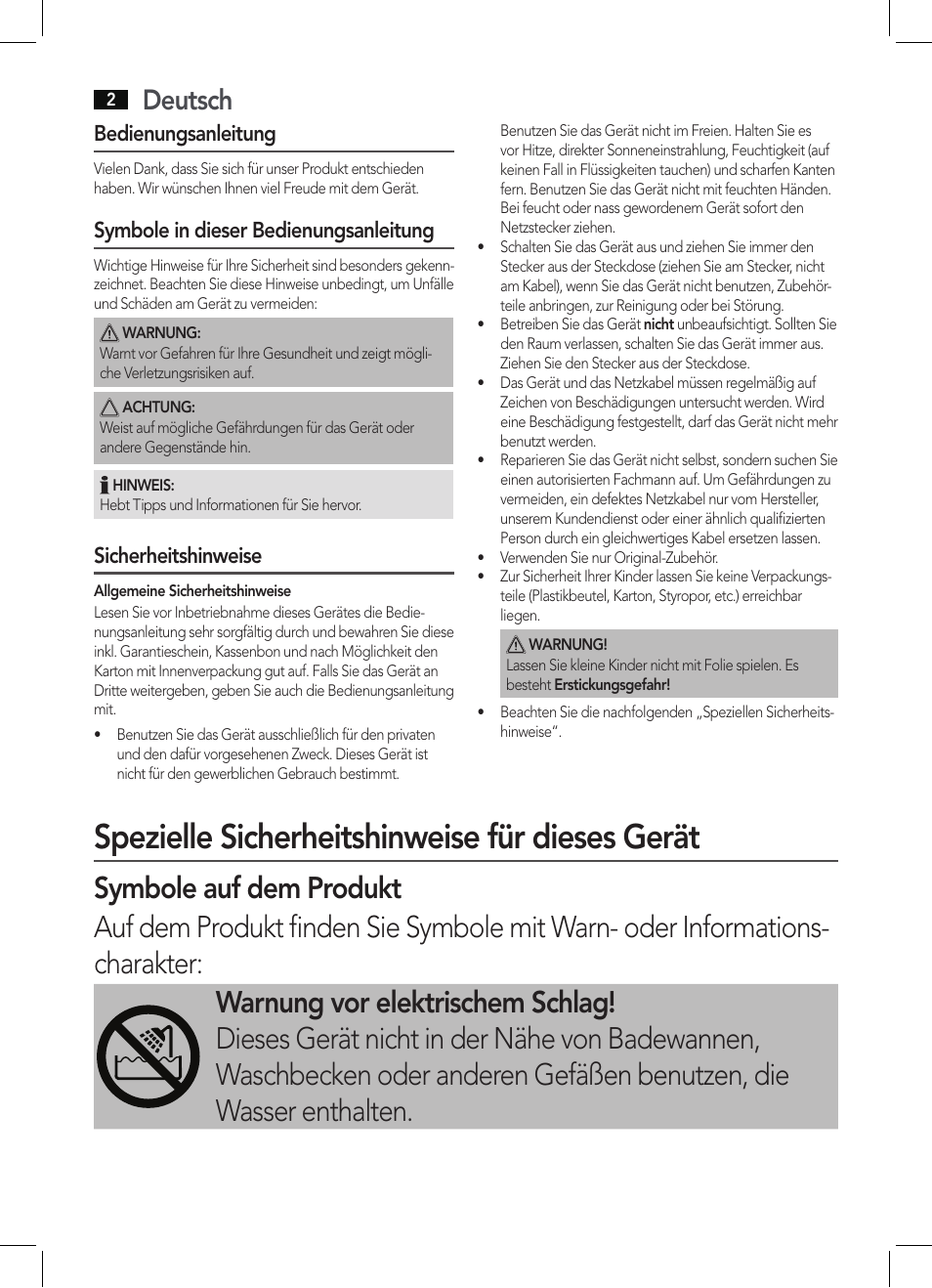 Spezielle sicherheitshinweise für dieses gerät, Deutsch, Bedienungsanleitung | Symbole in dieser bedienungsanleitung, Sicherheitshinweise | AEG HAS 5582 User Manual | Page 2 / 44