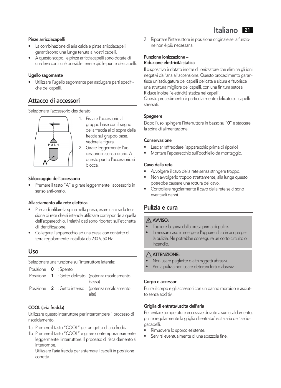 Italiano, Attacco di accessori, Pulizia e cura | AEG HAS 5582 User Manual | Page 21 / 44
