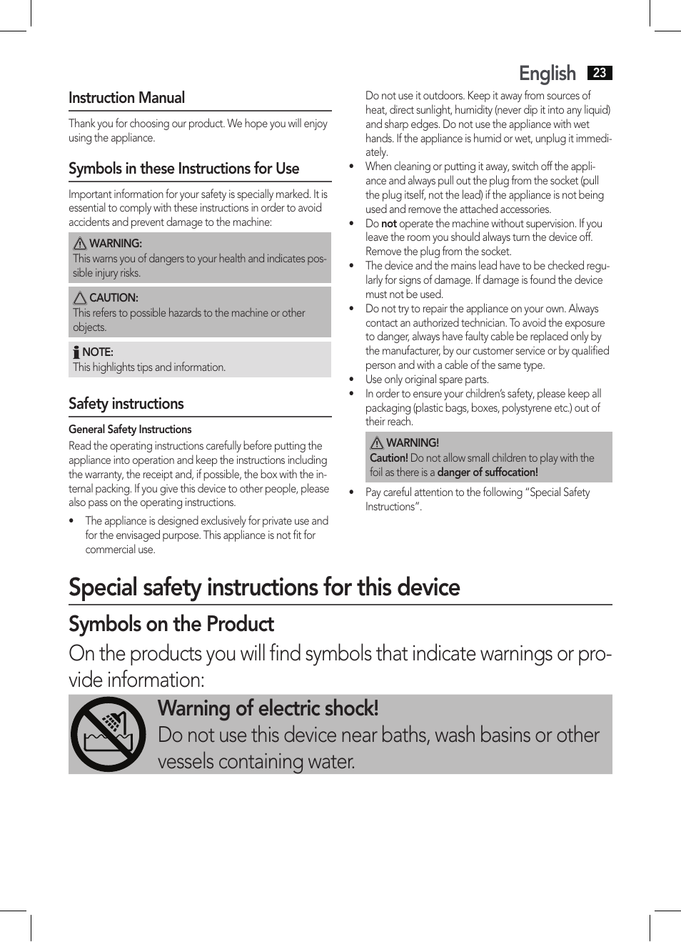 Special safety instructions for this device, English, Instruction manual | Symbols in these instructions for use, Safety instructions | AEG HAS 5582 User Manual | Page 23 / 44