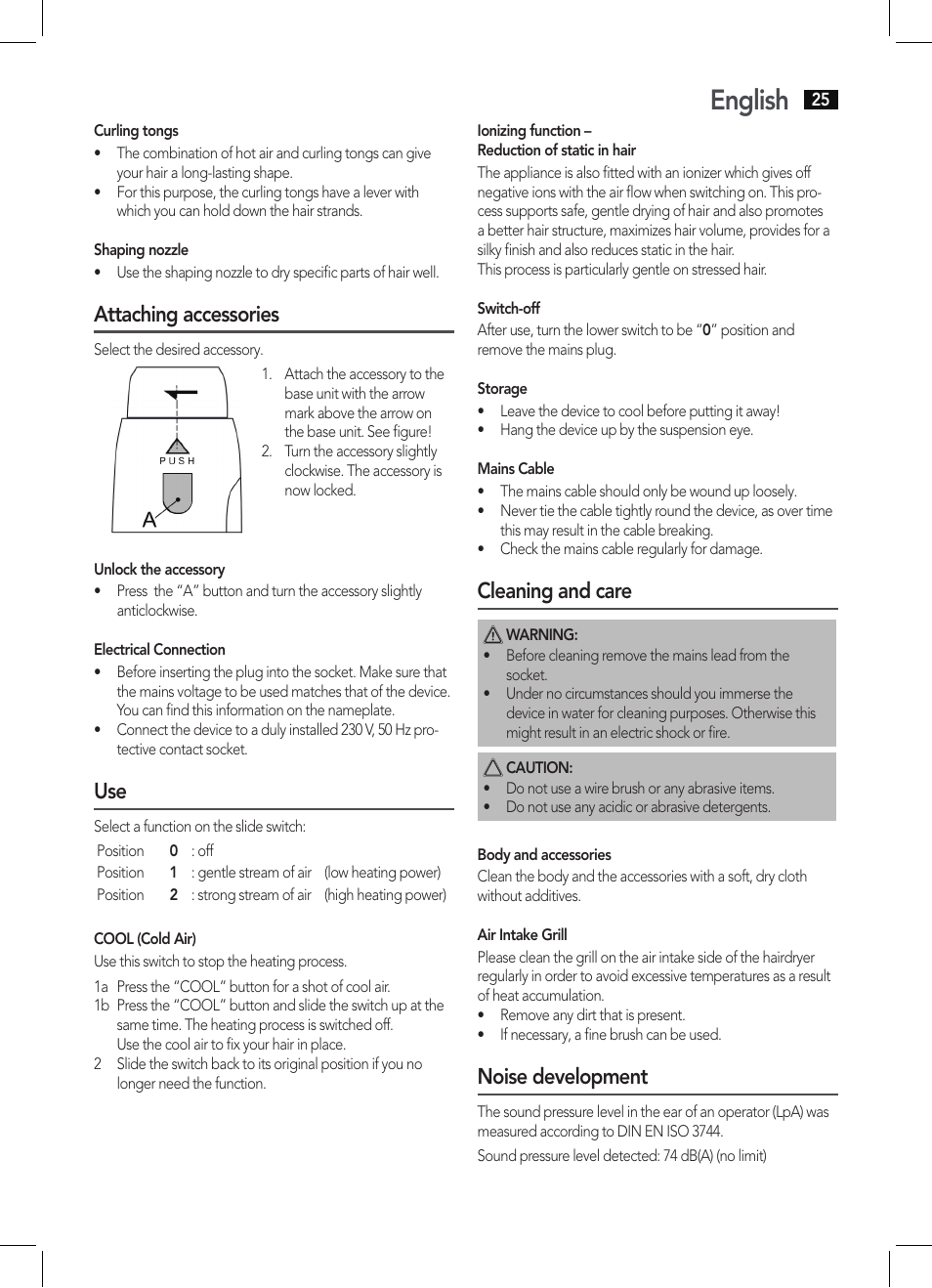 English, Attaching accessories, Cleaning and care | Noise development | AEG HAS 5582 User Manual | Page 25 / 44