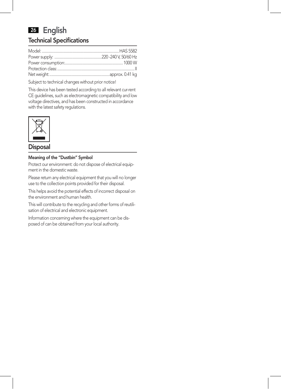 English | AEG HAS 5582 User Manual | Page 26 / 44