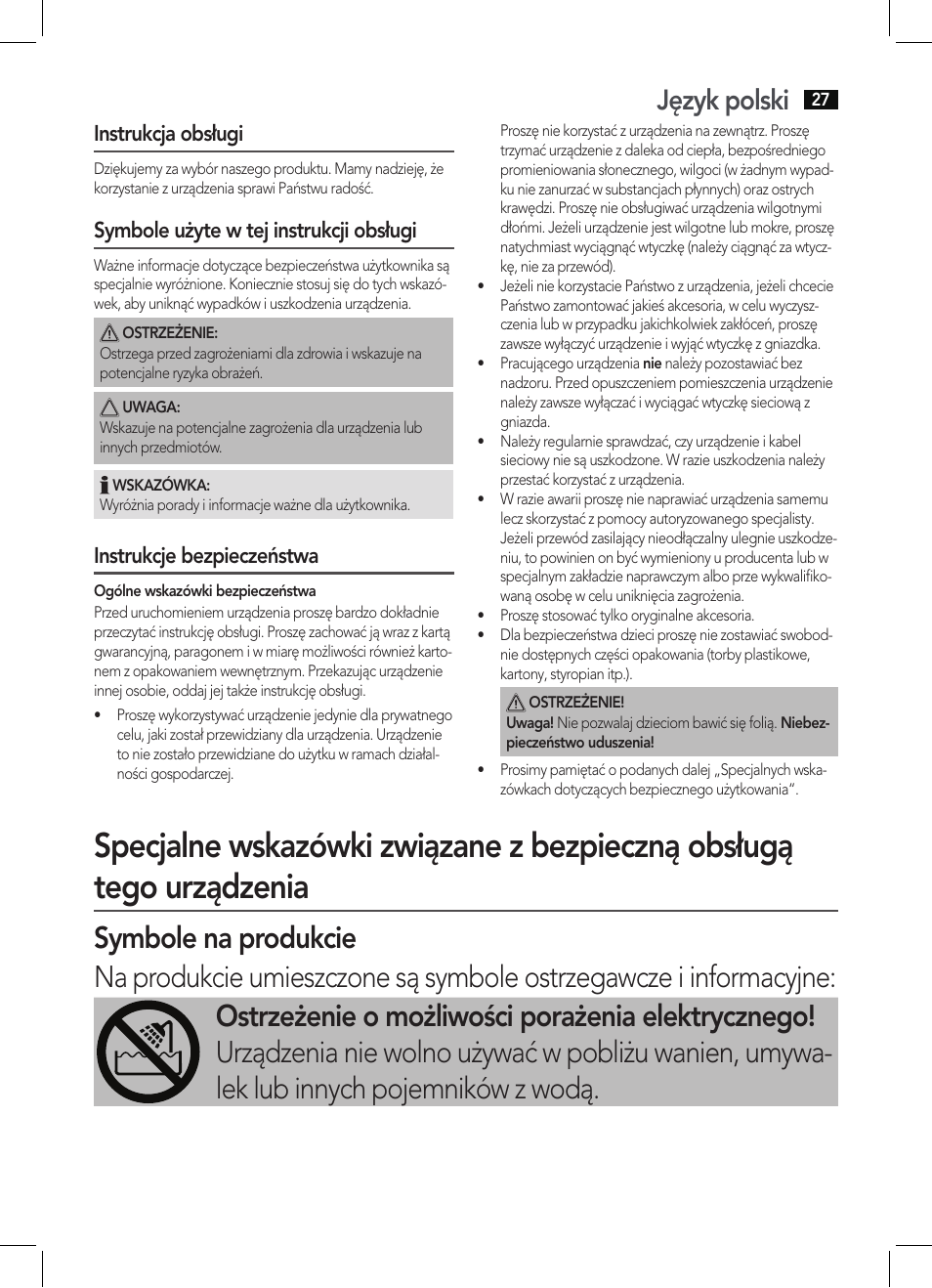 Język polski, Instrukcja obsługi, Symbole użyte w tej instrukcji obsługi | Instrukcje bezpieczeństwa | AEG HAS 5582 User Manual | Page 27 / 44