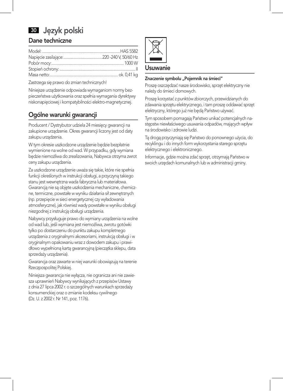 Język polski | AEG HAS 5582 User Manual | Page 30 / 44