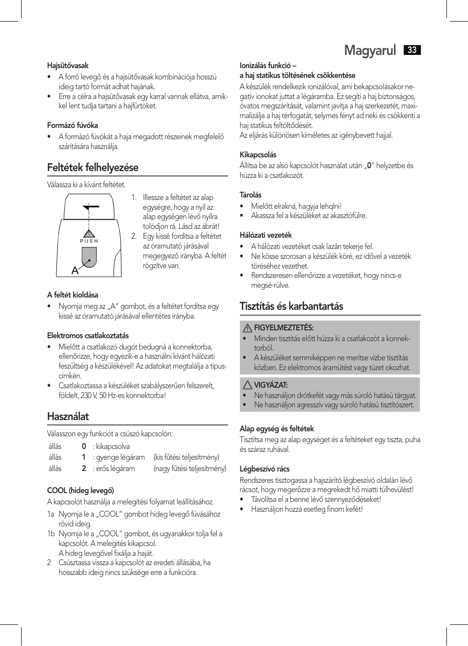 Magyarul, Feltétek felhelyezése, Használat | Tisztítás és karbantartás | AEG HAS 5582 User Manual | Page 33 / 44