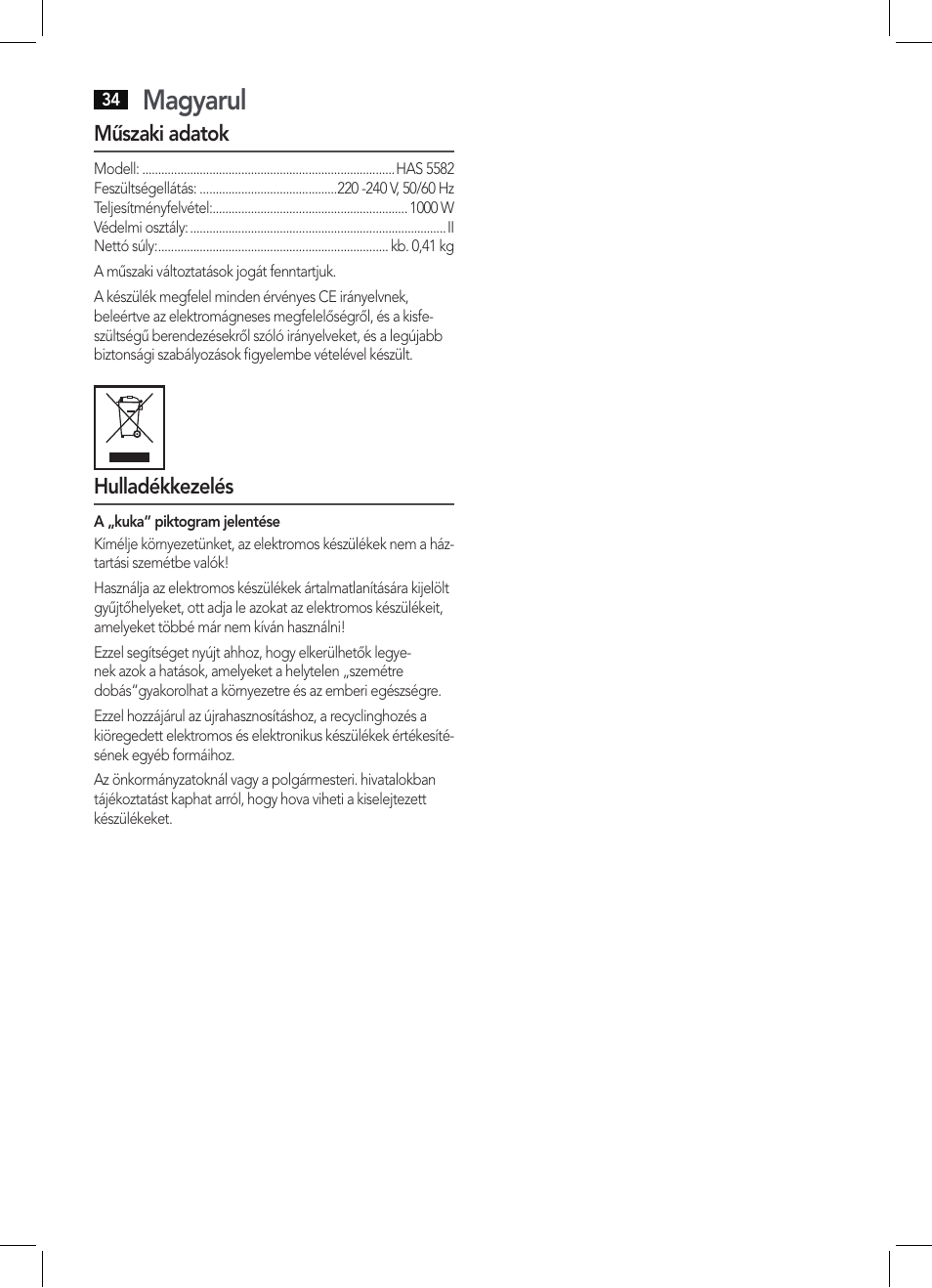 Magyarul | AEG HAS 5582 User Manual | Page 34 / 44