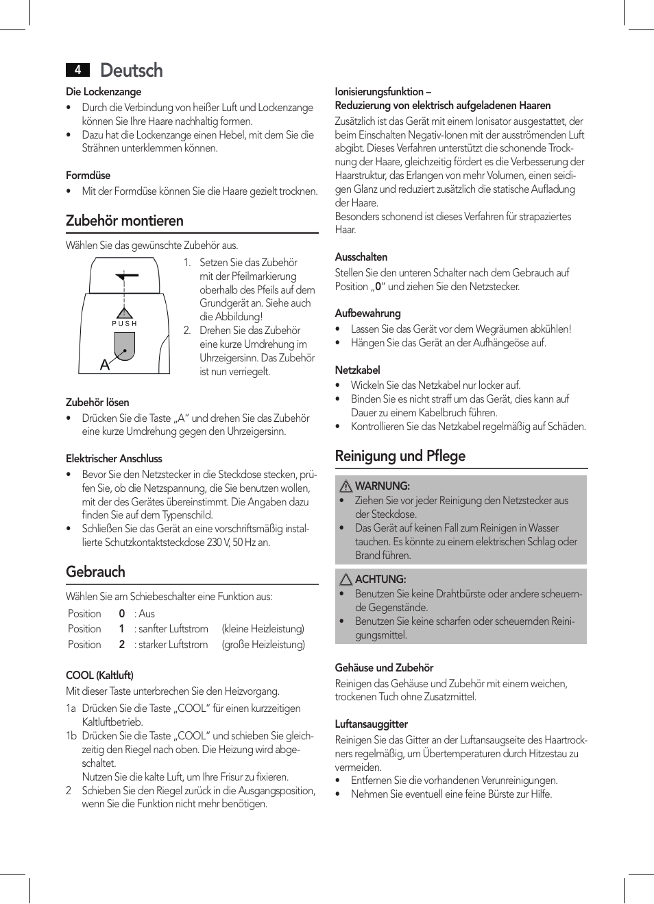 Deutsch, Zubehör montieren, Gebrauch | Reinigung und pflege | AEG HAS 5582 User Manual | Page 4 / 44