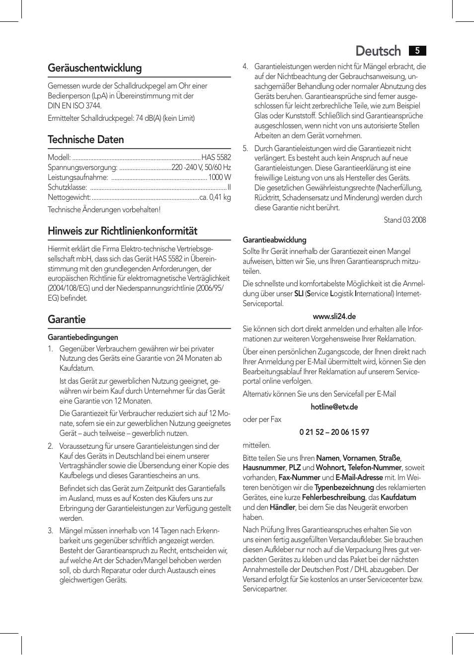 Deutsch, Geräuschentwicklung, Technische daten | Hinweis zur richtlinienkonformität, Garantie | AEG HAS 5582 User Manual | Page 5 / 44