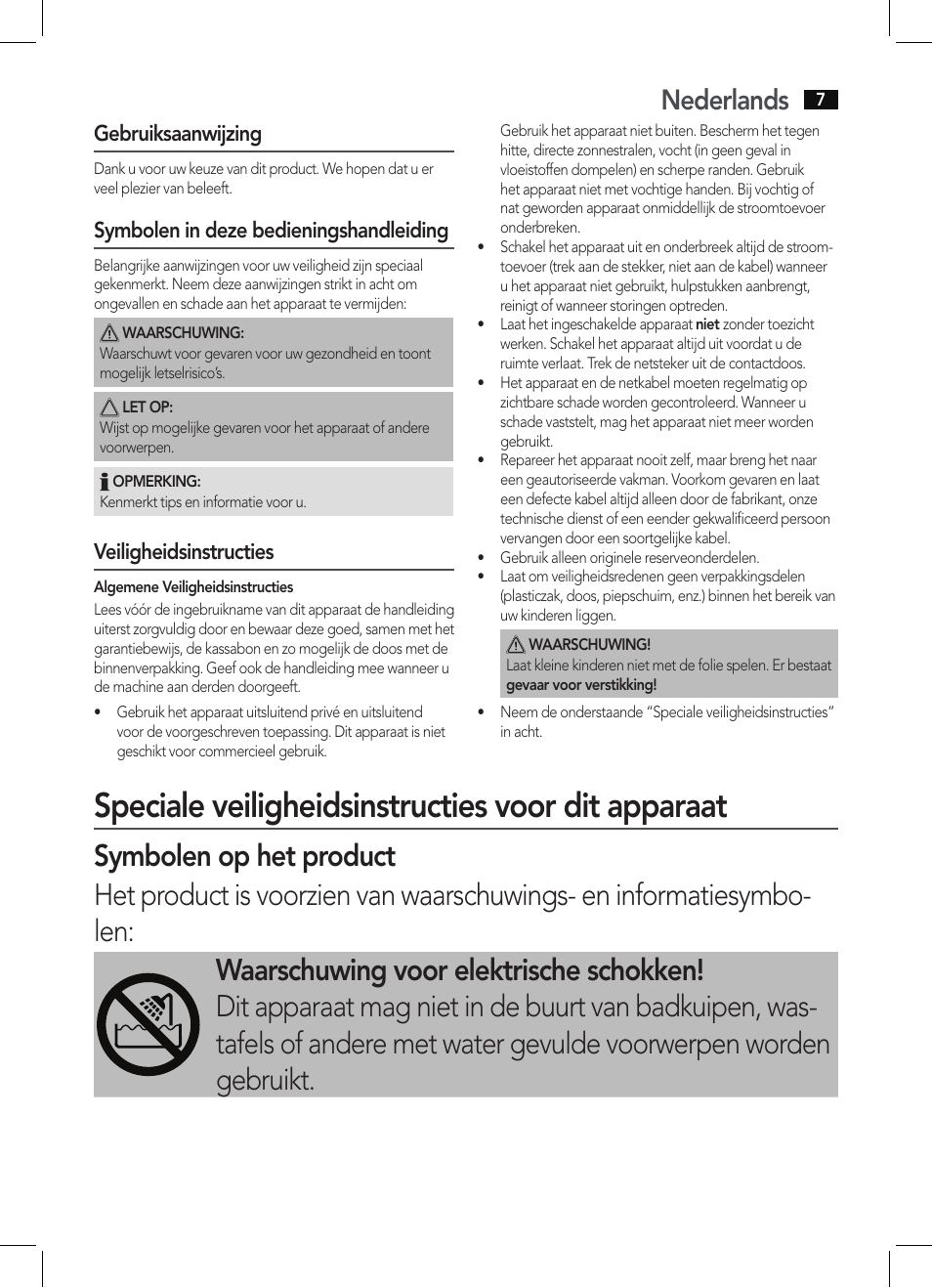 Speciale veiligheidsinstructies voor dit apparaat, Nederlands, Gebruiksaanwijzing | Symbolen in deze bedieningshandleiding, Veiligheidsinstructies | AEG HAS 5582 User Manual | Page 7 / 44