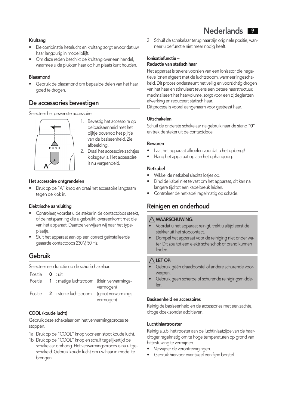 Nederlands, De accessories bevestigen, Gebruik | Reinigen en onderhoud | AEG HAS 5582 User Manual | Page 9 / 44