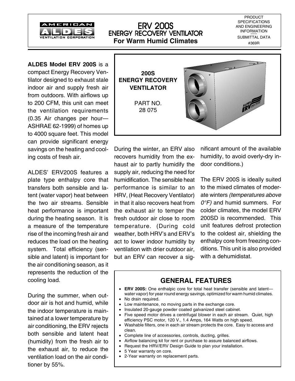 American Aldes ERV 200S User Manual | 2 pages