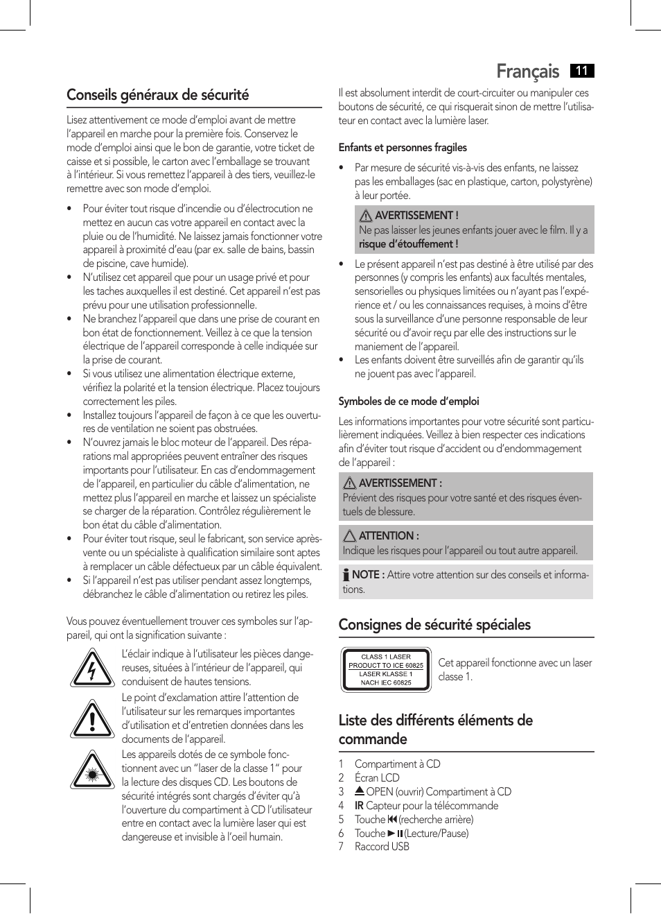 Français, Conseils généraux de sécurité, Consignes de sécurité spéciales | Liste des différents éléments de commande | AEG MC 4455 CD-MP3 User Manual | Page 11 / 38