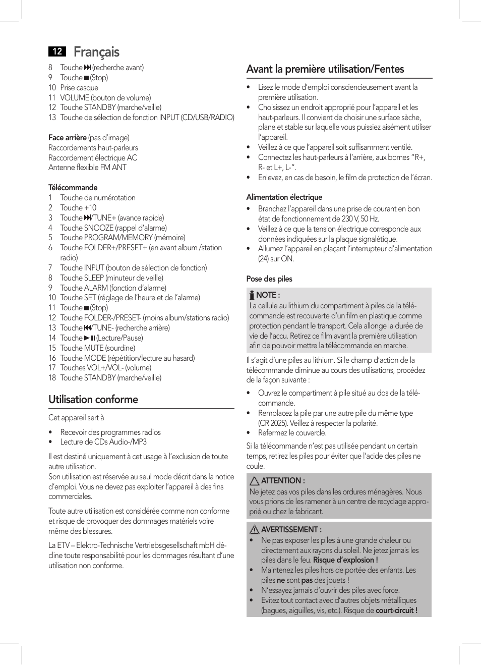 Français, Utilisation conforme, Avant la première utilisation/fentes | AEG MC 4455 CD-MP3 User Manual | Page 12 / 38