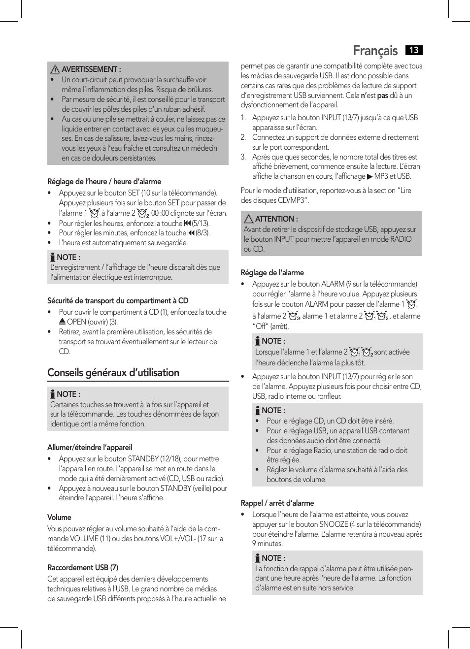 Français, Conseils généraux d’utilisation | AEG MC 4455 CD-MP3 User Manual | Page 13 / 38