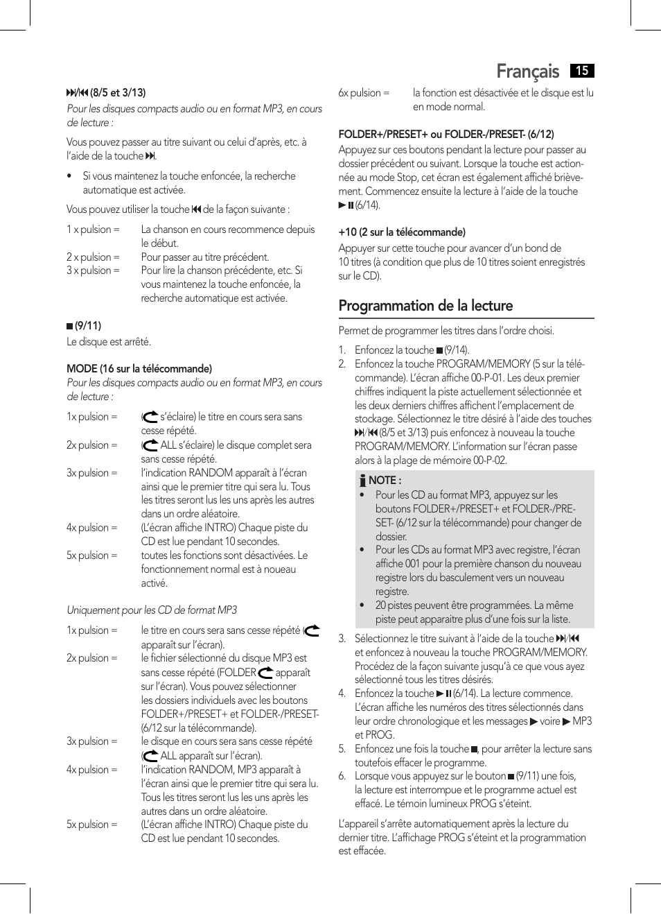 Français, Programmation de la lecture | AEG MC 4455 CD-MP3 User Manual | Page 15 / 38