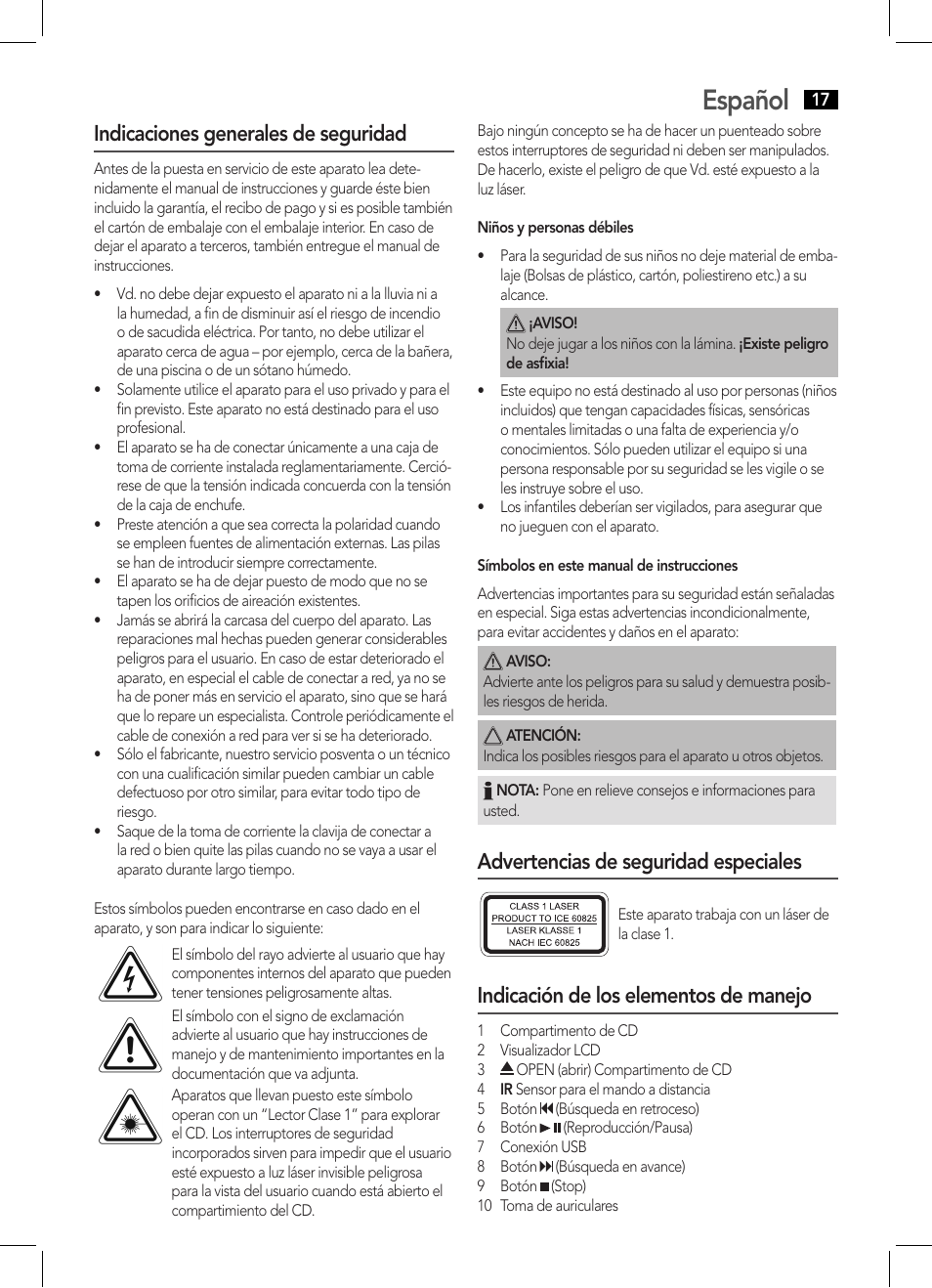 Español, Indicaciones generales de seguridad, Advertencias de seguridad especiales | Indicación de los elementos de manejo | AEG MC 4455 CD-MP3 User Manual | Page 17 / 38