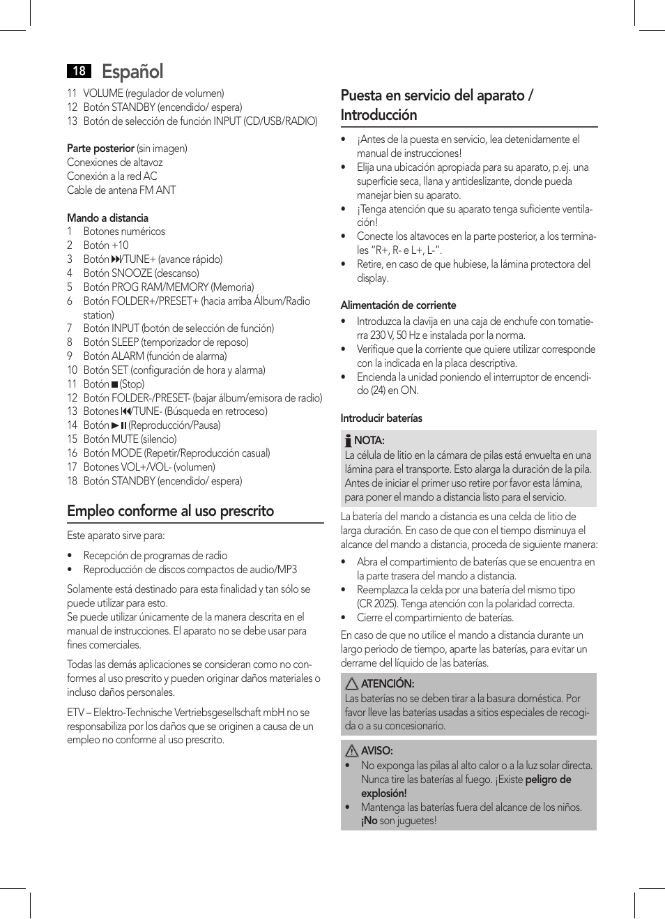 Español, Empleo conforme al uso prescrito, Puesta en servicio del aparato / introducción | AEG MC 4455 CD-MP3 User Manual | Page 18 / 38