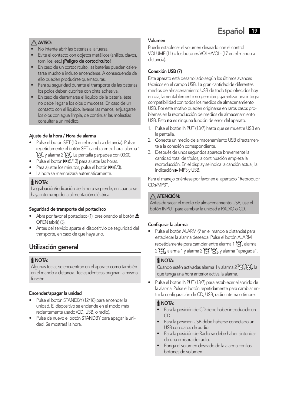 Español, Utilización general | AEG MC 4455 CD-MP3 User Manual | Page 19 / 38