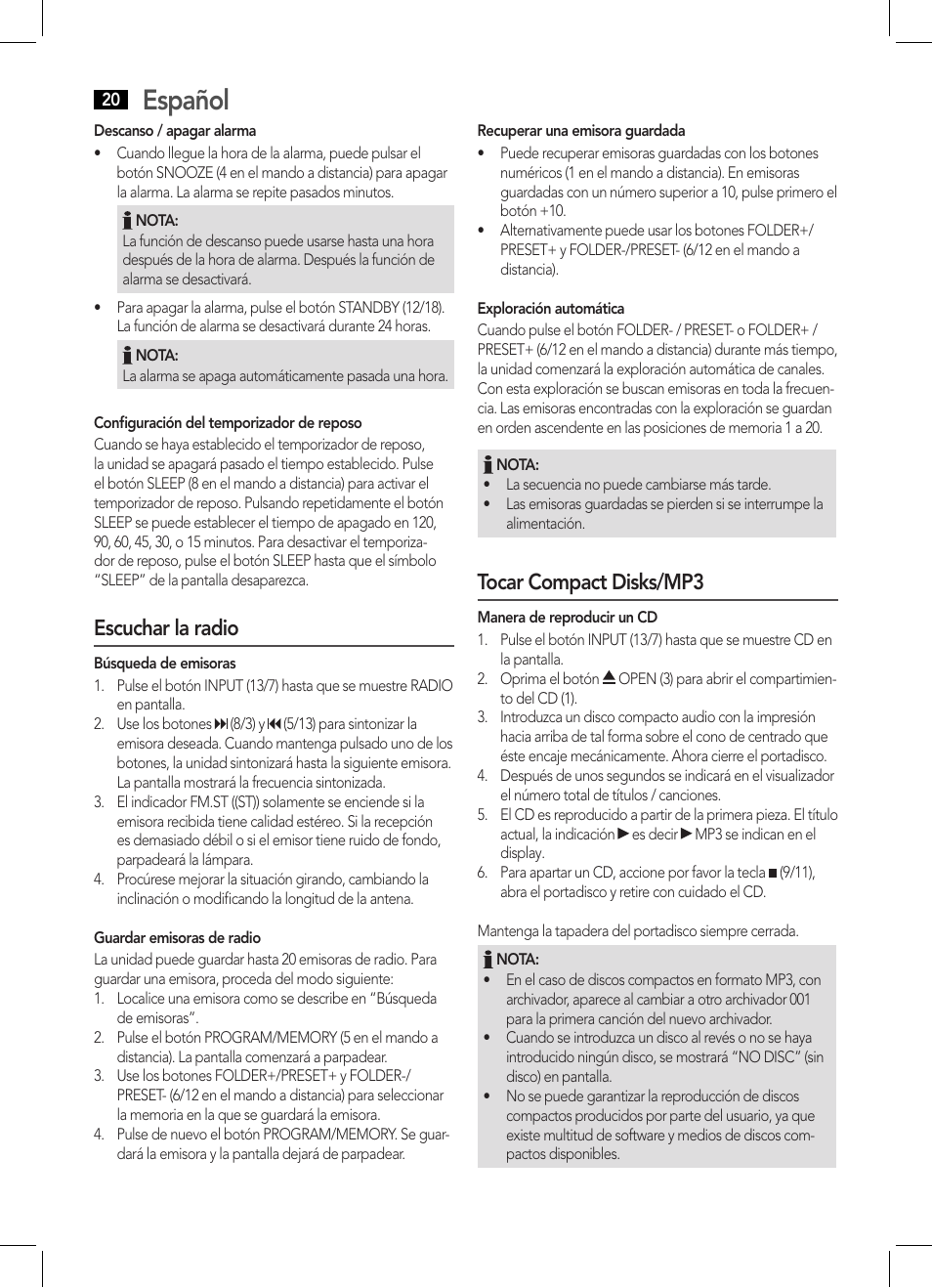 Español, Escuchar la radio, Tocar compact disks/mp3 | AEG MC 4455 CD-MP3 User Manual | Page 20 / 38