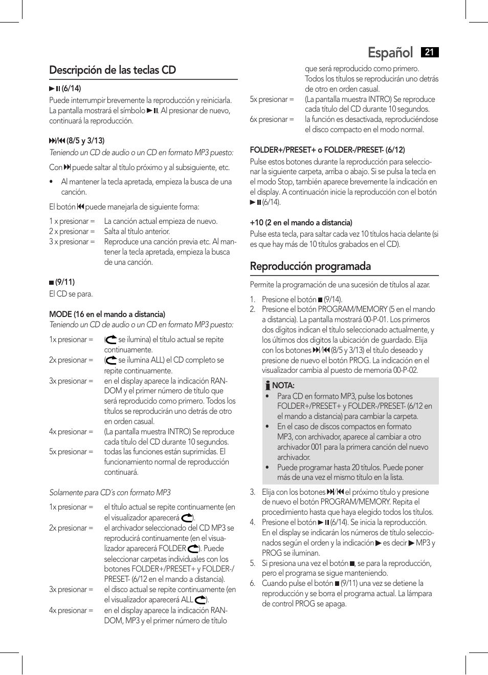 Español, Descripción de las teclas cd, Reproducción programada | AEG MC 4455 CD-MP3 User Manual | Page 21 / 38