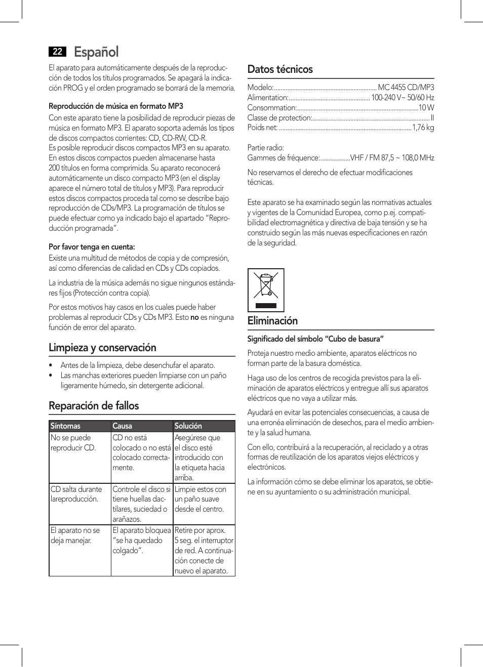 Español, Limpieza y conservación, Reparación de fallos | Datos técnicos, Eliminación | AEG MC 4455 CD-MP3 User Manual | Page 22 / 38