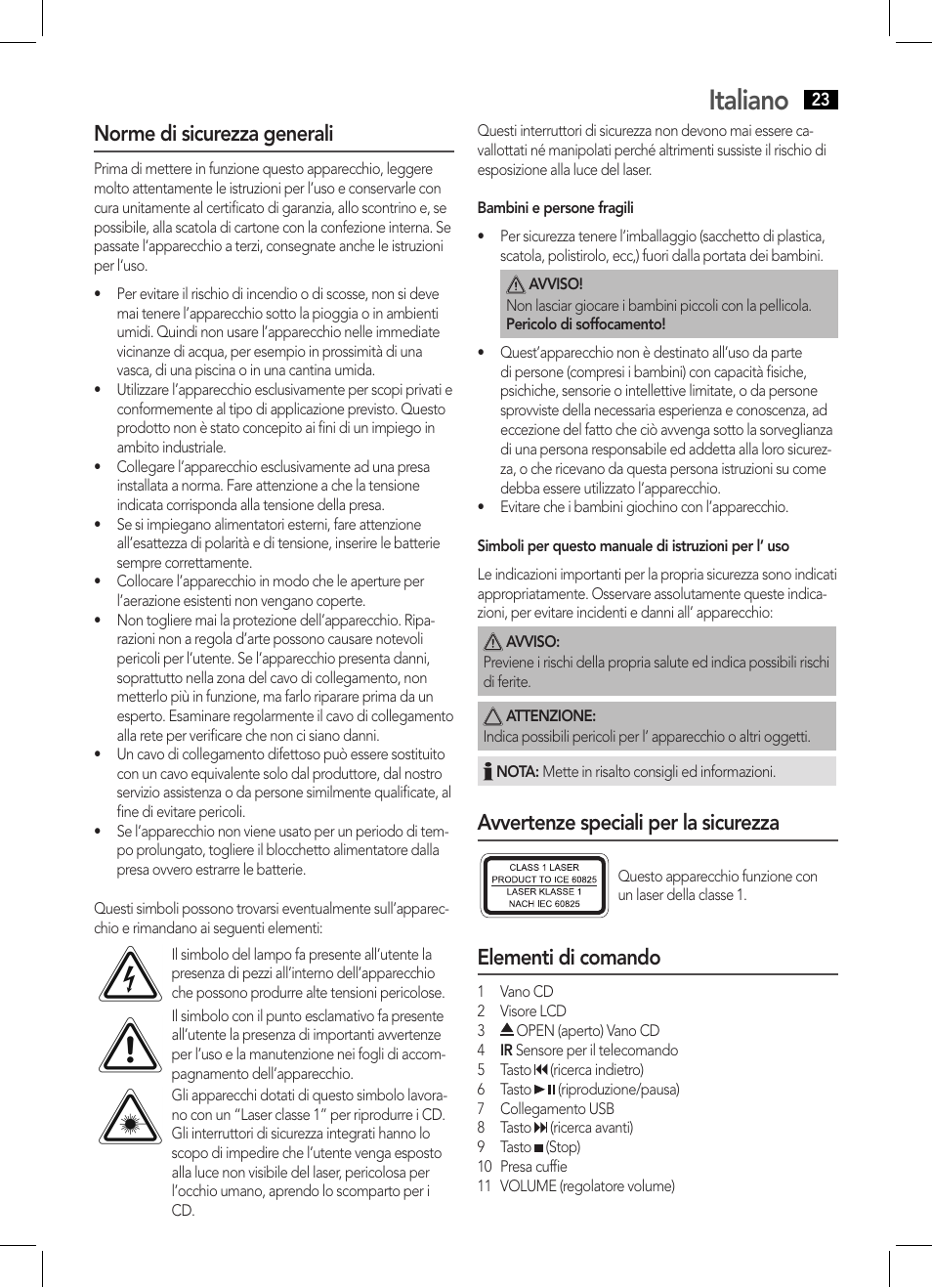 Italiano, Norme di sicurezza generali, Avvertenze speciali per la sicurezza | Elementi di comando | AEG MC 4455 CD-MP3 User Manual | Page 23 / 38