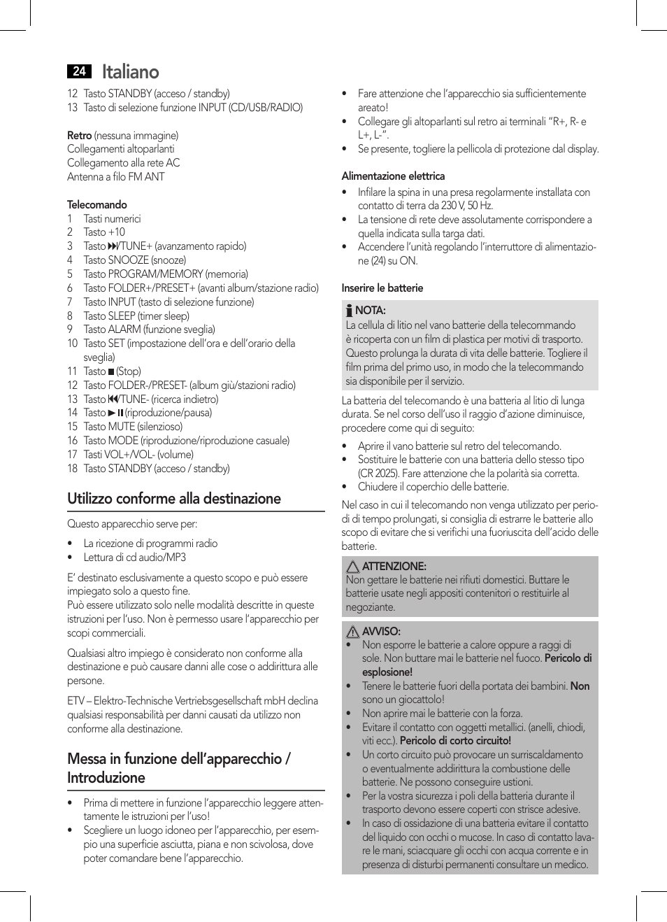 Italiano, Utilizzo conforme alla destinazione, Messa in funzione dell’apparecchio / introduzione | AEG MC 4455 CD-MP3 User Manual | Page 24 / 38