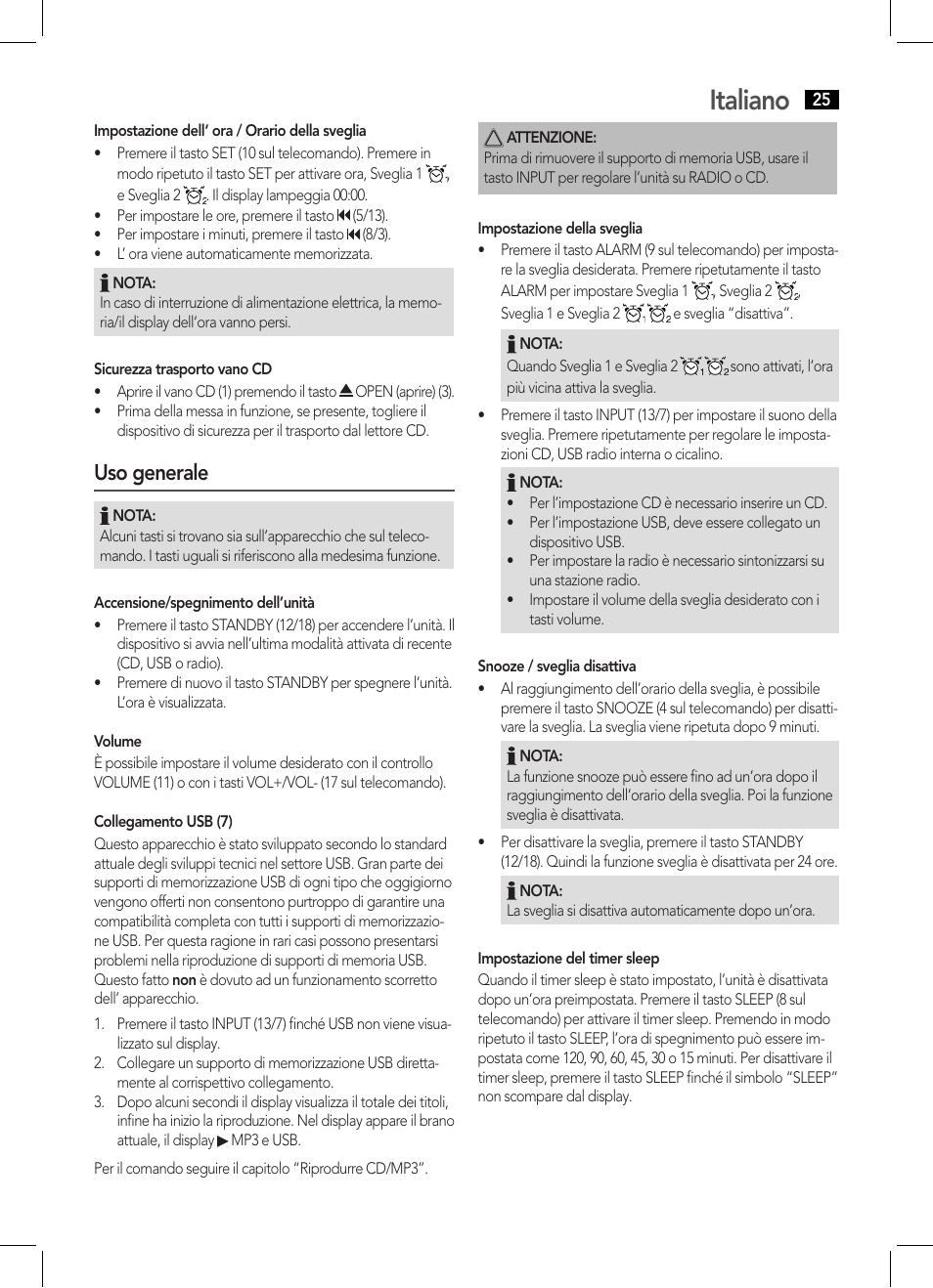 Italiano, Uso generale | AEG MC 4455 CD-MP3 User Manual | Page 25 / 38