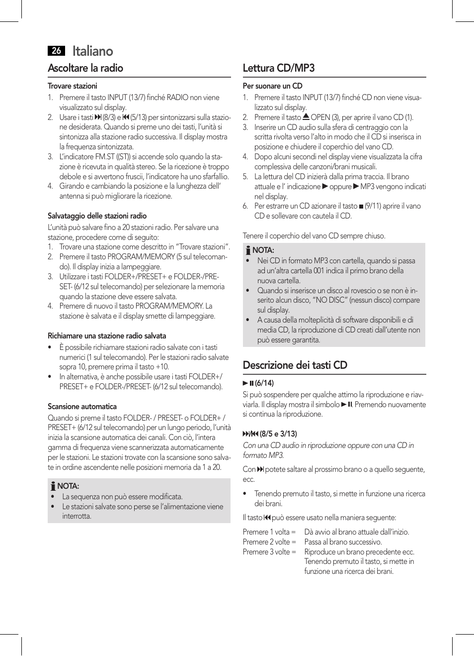 Italiano, Ascoltare la radio, Lettura cd/mp3 | Descrizione dei tasti cd | AEG MC 4455 CD-MP3 User Manual | Page 26 / 38