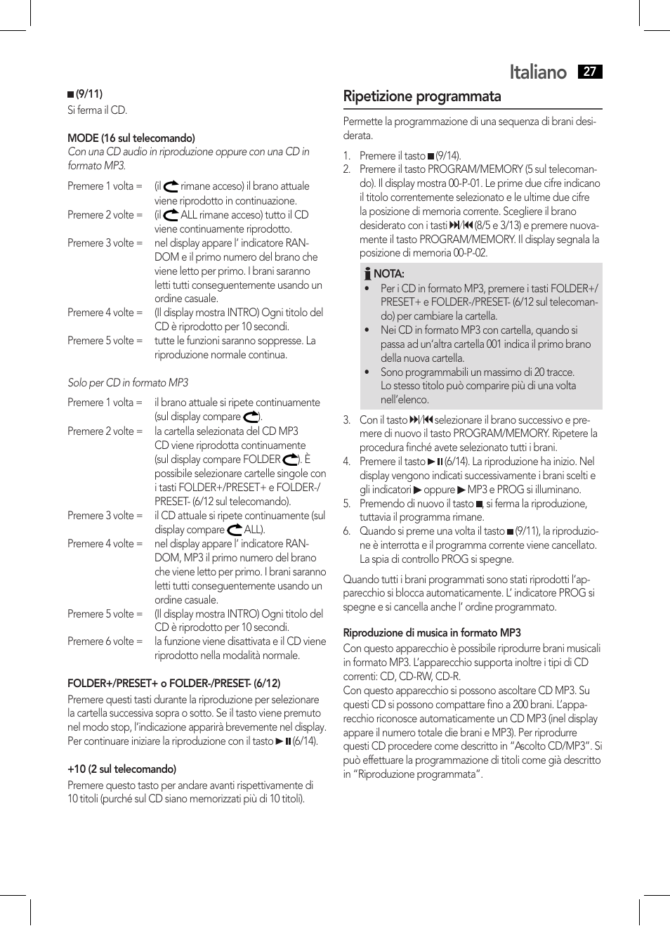 Italiano, Ripetizione programmata | AEG MC 4455 CD-MP3 User Manual | Page 27 / 38