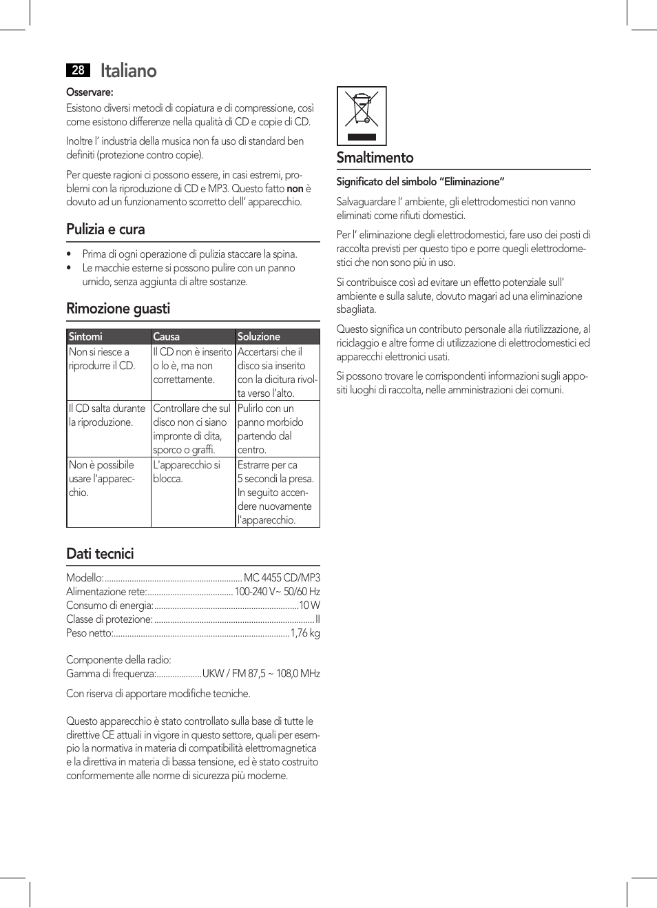 Italiano, Pulizia e cura, Rimozione guasti | Dati tecnici, Smaltimento | AEG MC 4455 CD-MP3 User Manual | Page 28 / 38