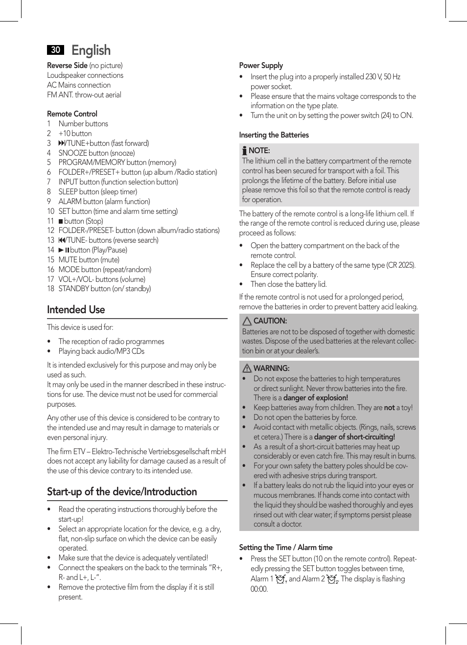 English, Intended use, Start-up of the device/introduction | AEG MC 4455 CD-MP3 User Manual | Page 30 / 38