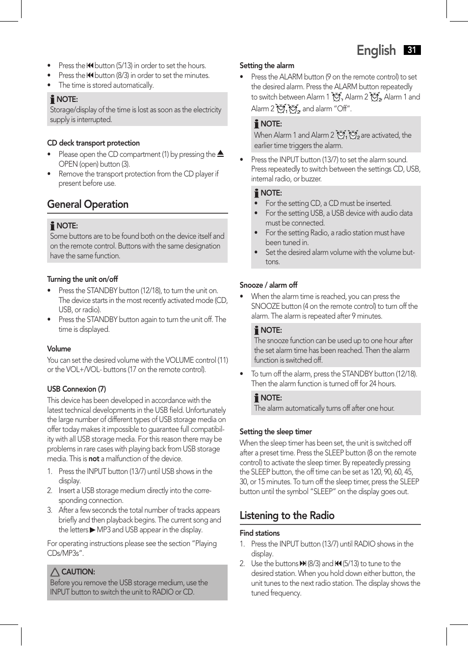 English, General operation, Listening to the radio | AEG MC 4455 CD-MP3 User Manual | Page 31 / 38