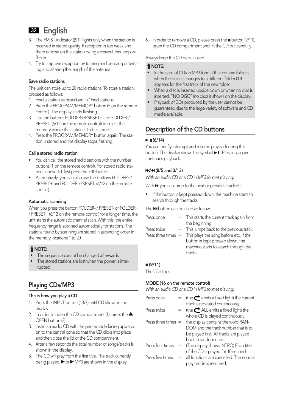 English, Playing cds/mp3, Description of the cd buttons | AEG MC 4455 CD-MP3 User Manual | Page 32 / 38