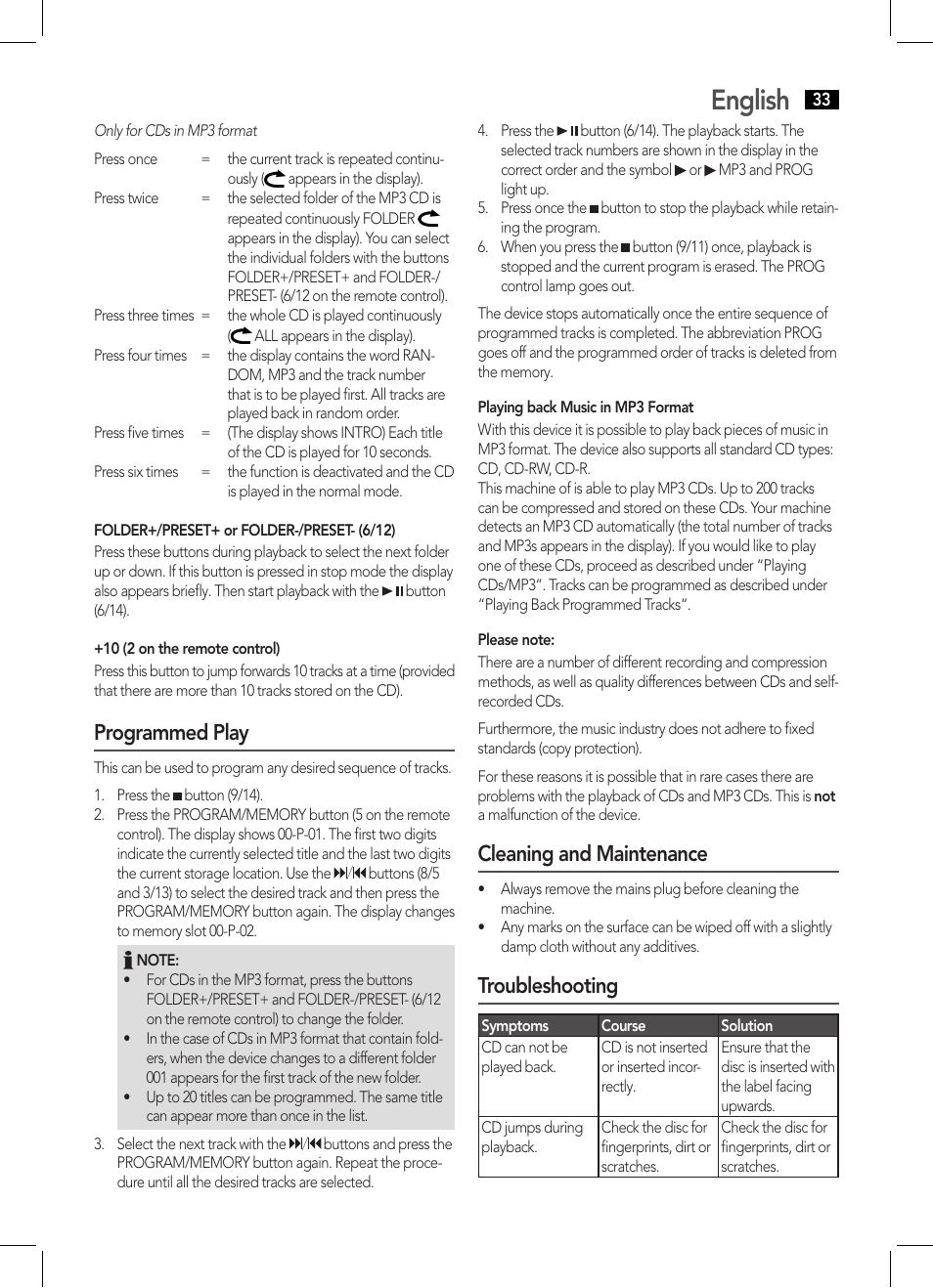 English, Programmed play, Cleaning and maintenance | Troubleshooting | AEG MC 4455 CD-MP3 User Manual | Page 33 / 38