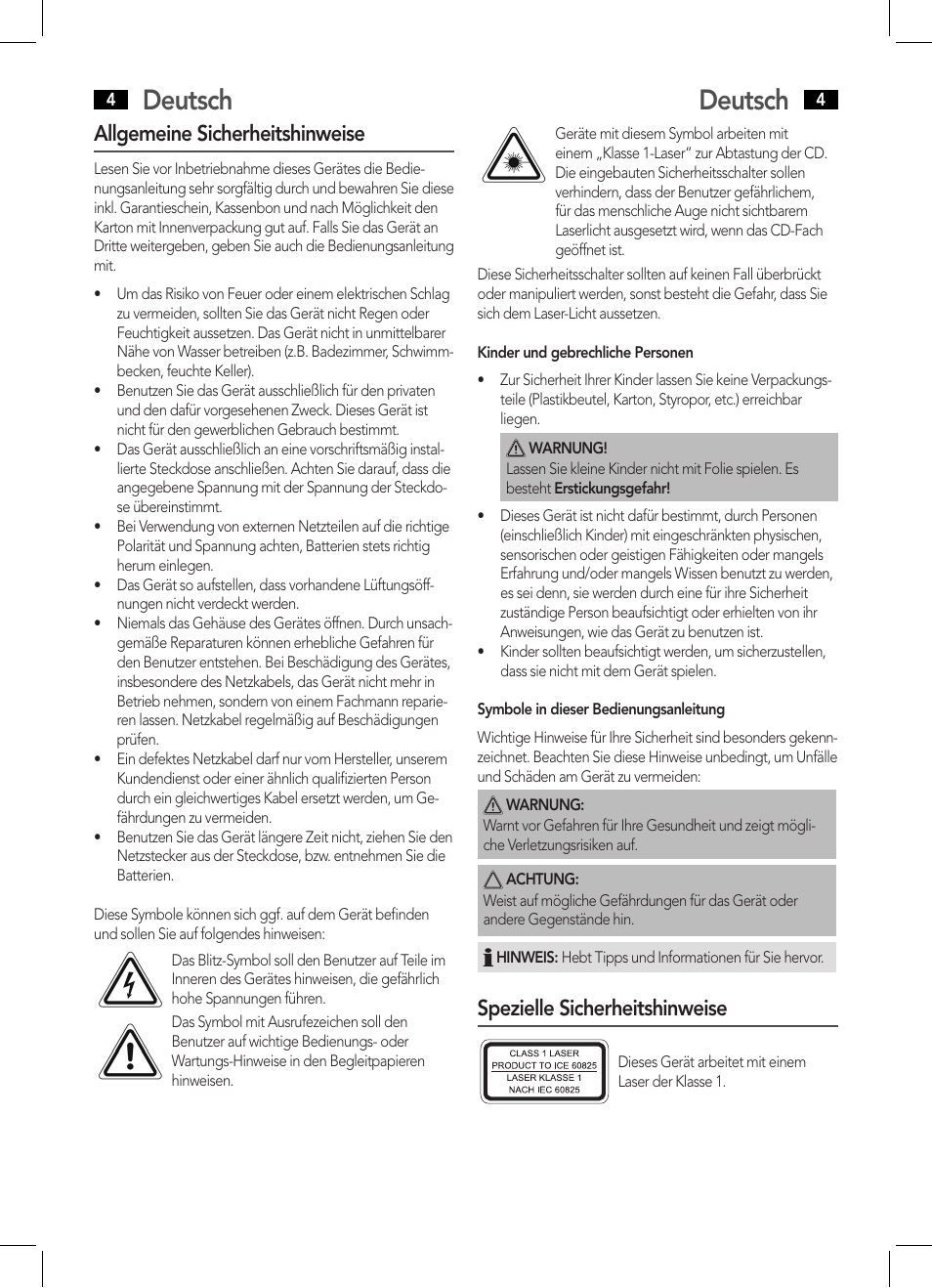 Deutsch, Allgemeine sicherheitshinweise, Spezielle sicherheitshinweise | AEG MC 4455 CD-MP3 User Manual | Page 4 / 38