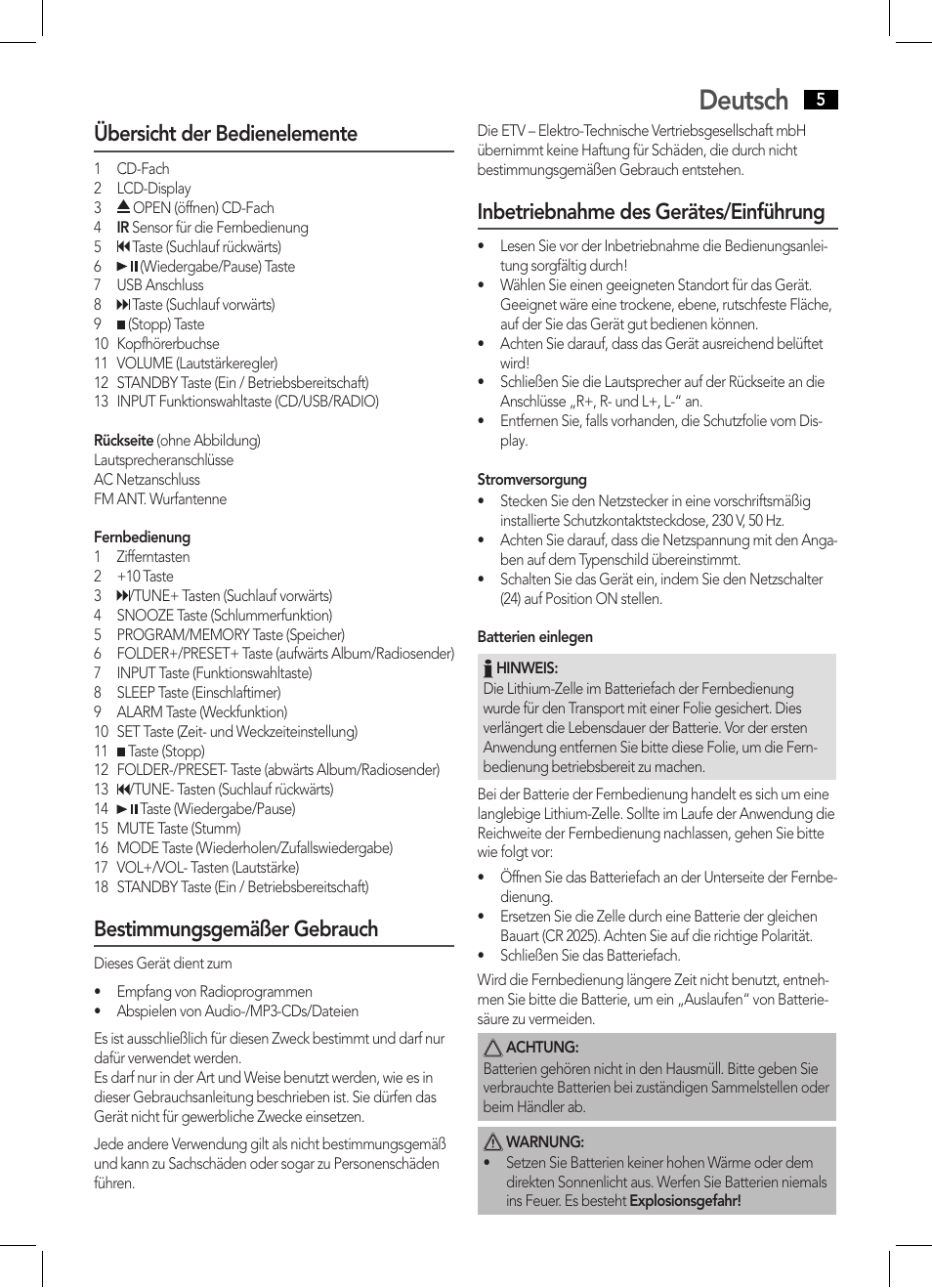 Deutsch, Übersicht der bedienelemente, Bestimmungsgemäßer gebrauch | Inbetriebnahme des gerätes/einführung | AEG MC 4455 CD-MP3 User Manual | Page 5 / 38