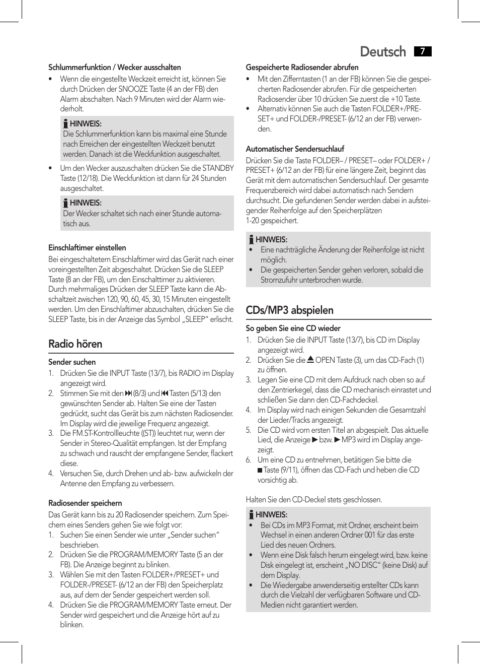 Deutsch, Radio hören, Cds/mp3 abspielen | AEG MC 4455 CD-MP3 User Manual | Page 7 / 38