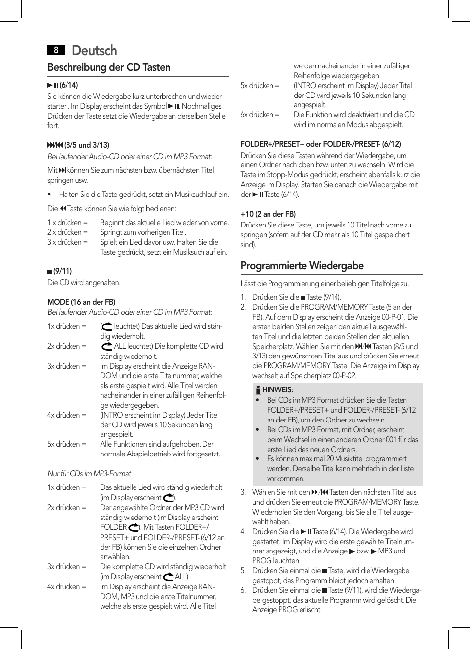 Deutsch, Beschreibung der cd tasten, Programmierte wiedergabe | AEG MC 4455 CD-MP3 User Manual | Page 8 / 38