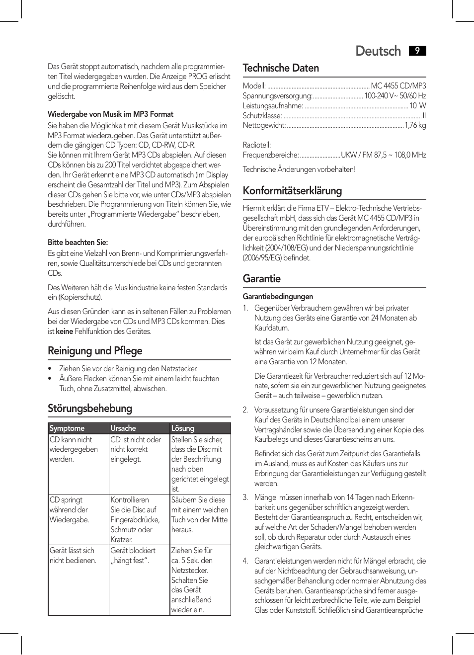 Deutsch, Reinigung und pflege, Störungsbehebung | Technische daten, Konformitätserklärung, Garantie | AEG MC 4455 CD-MP3 User Manual | Page 9 / 38