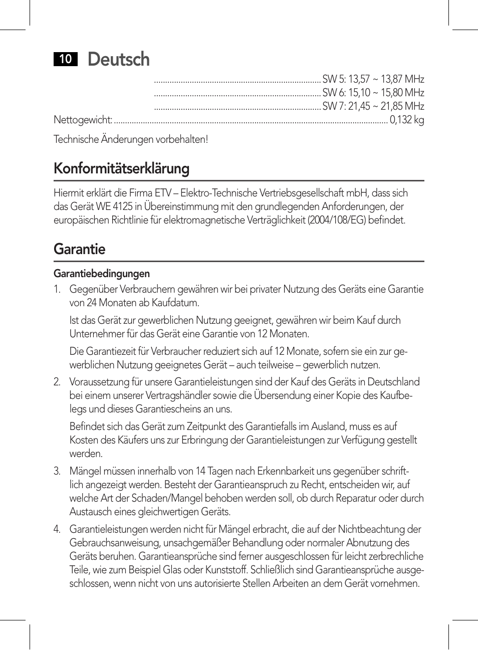 Deutsch, Konformitätserklärung, Garantie | AEG WE 4125 User Manual | Page 10 / 90