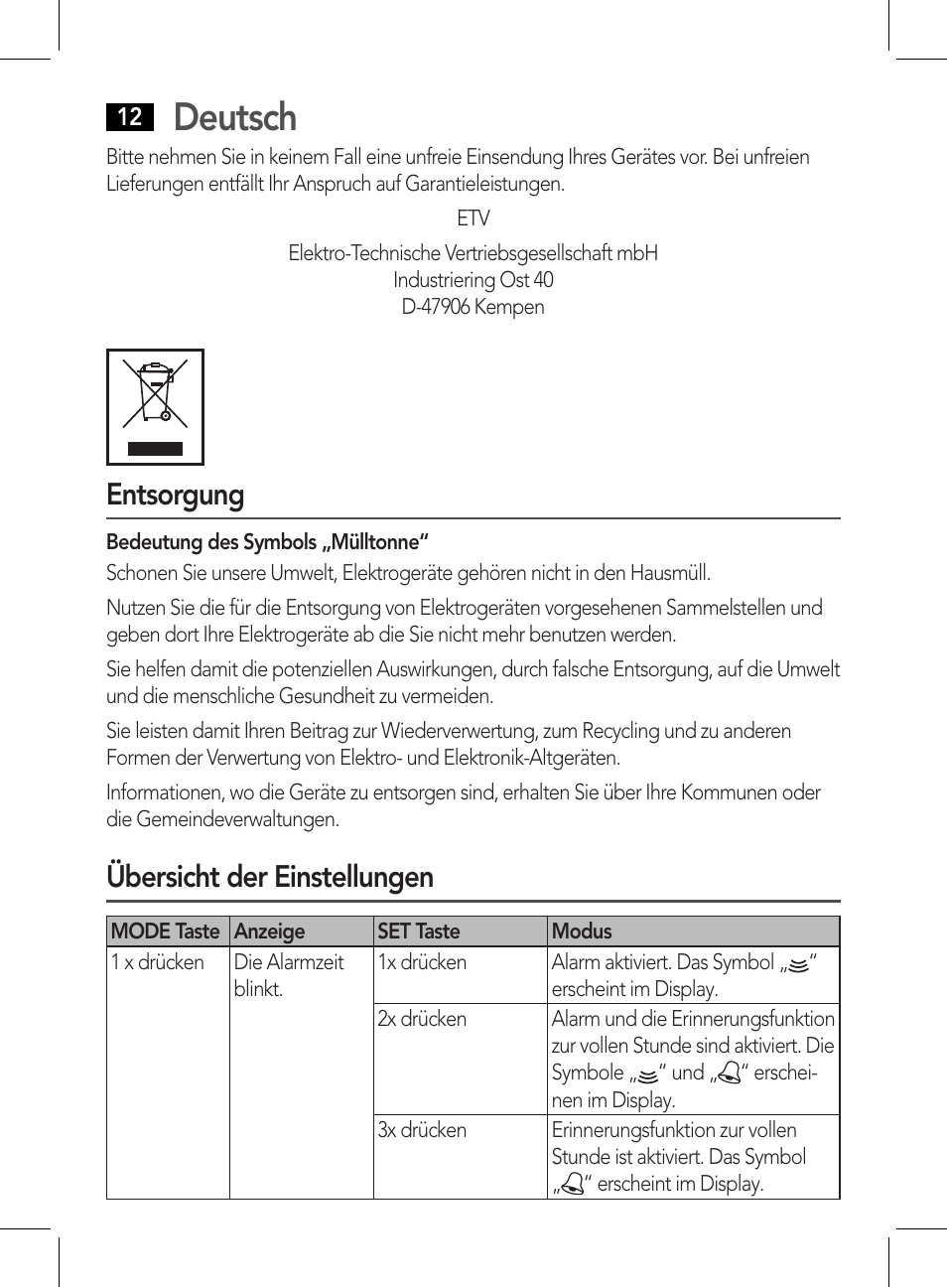 Deutsch, Entsorgung, Übersicht der einstellungen | AEG WE 4125 User Manual | Page 12 / 90