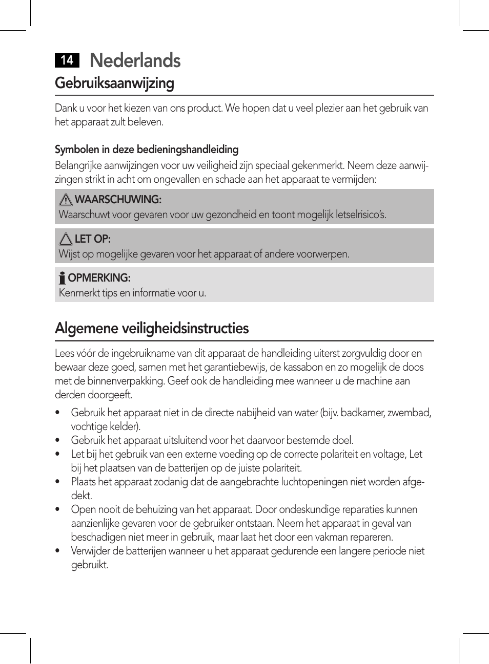 Nederlands, Gebruiksaanwijzing, Algemene veiligheidsinstructies | AEG WE 4125 User Manual | Page 14 / 90