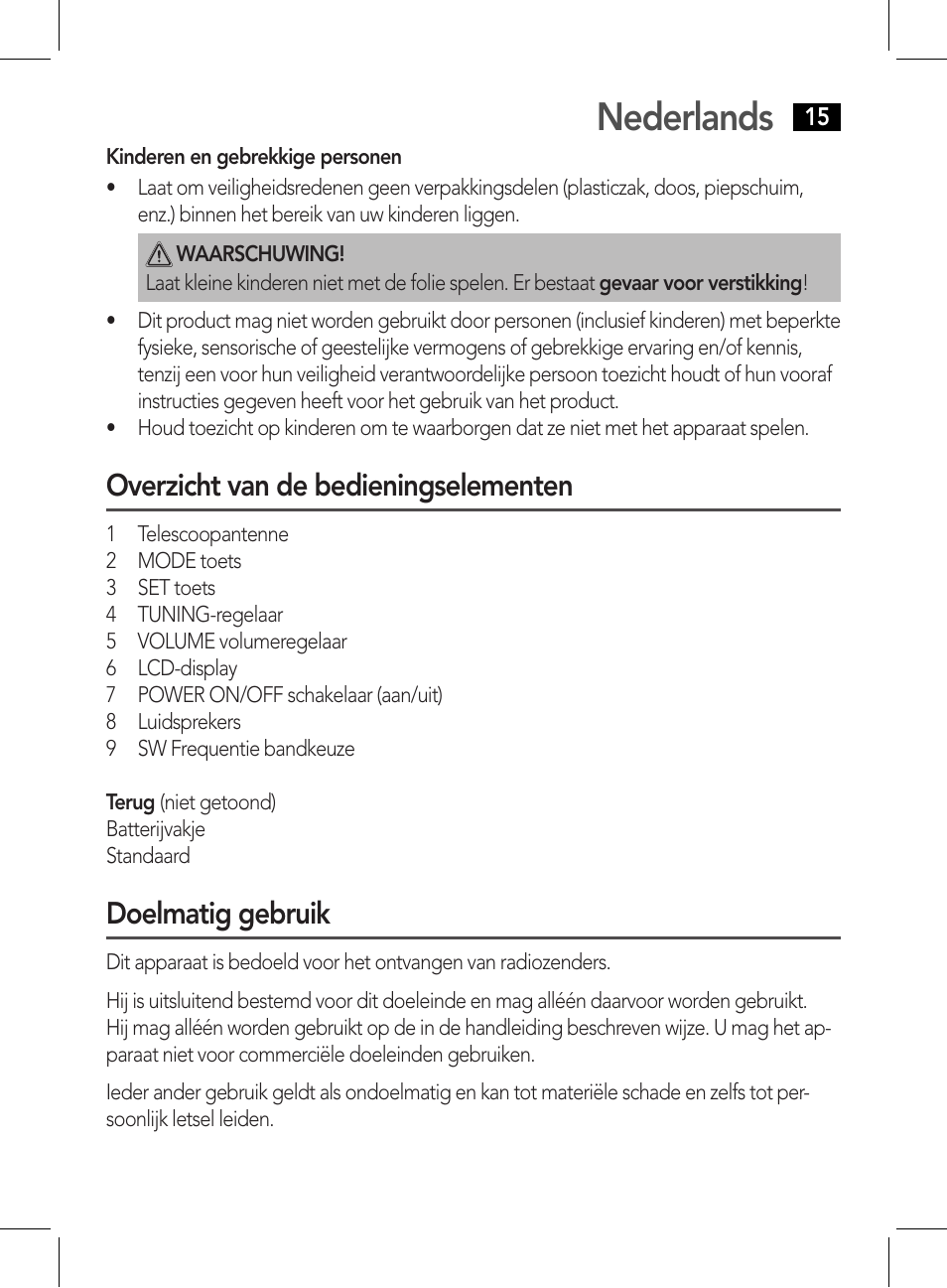 Nederlands, Overzicht van de bedieningselementen, Doelmatig gebruik | AEG WE 4125 User Manual | Page 15 / 90