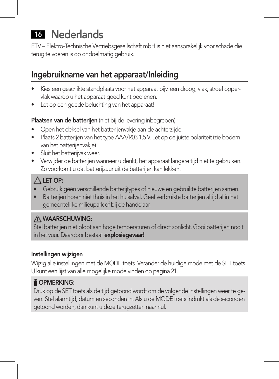 Nederlands, Ingebruikname van het apparaat/inleiding | AEG WE 4125 User Manual | Page 16 / 90
